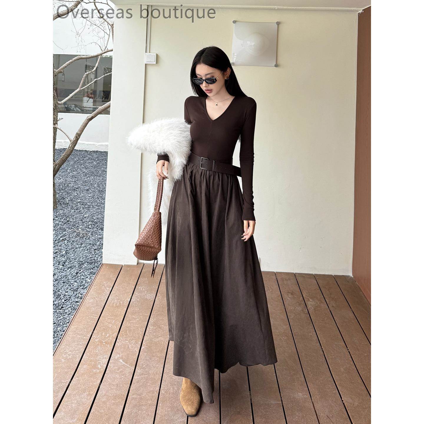 领宽腰带长袖连衣裙法式赫本收