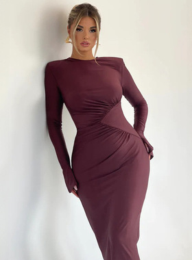 Slim fit hip wrap dress圆领直角肩喇叭袖褶皱修身包臀女连衣裙