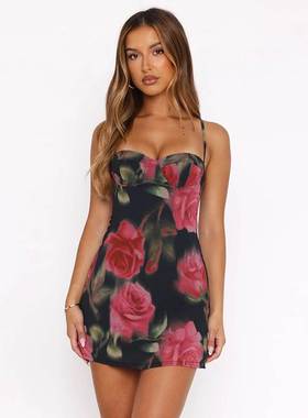 Strap dress, backless short skirt印花迷你吊带连衣裙 露背短裙