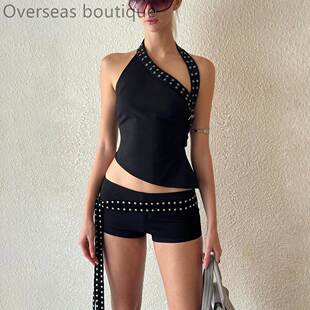 and shorts set小众斜肩修身 Small 套装 top 上衣流短裤 女 niche