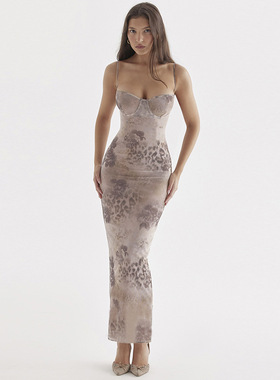 Evening Slim Fit Waist Long Dress修身收腰长裙印花吊带连衣裙