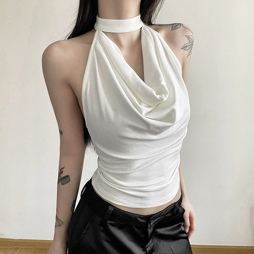 纯色修身挂脖露背背心女
