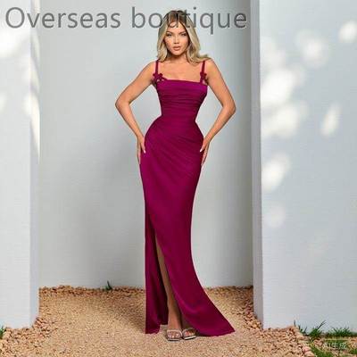 吊带开叉缎面礼服连衣裙女长裙