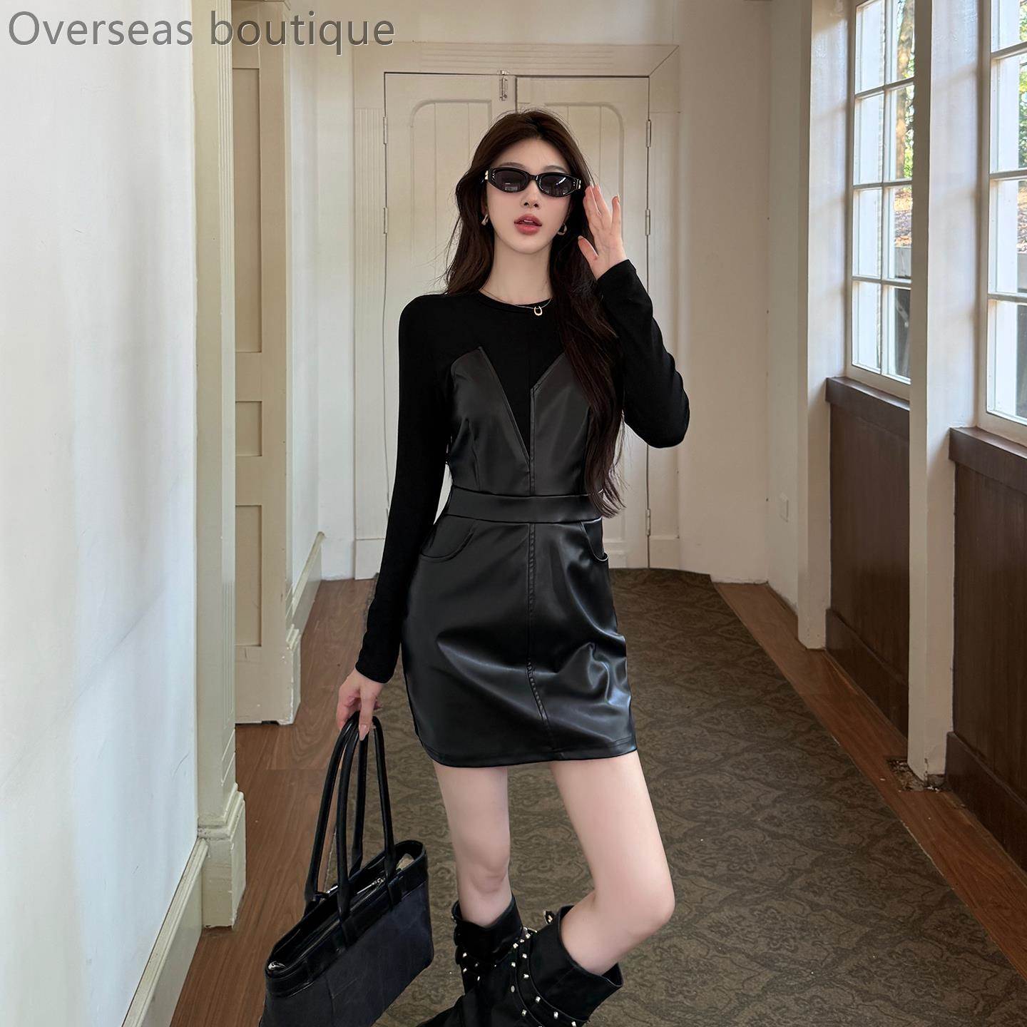 御姐黑色皮裙连衣裙女感收腰显瘦