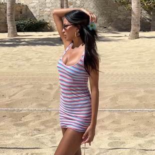 Beach strap dress for women条纹抽绳背心连衣裙 沙滩吊带连衣裙