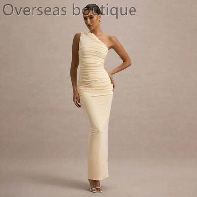 25017缩褶斜肩连衣裙收腰晚礼服