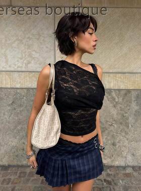 Slanted shoulder half lace top for women斜肩修身半蕾丝上衣女