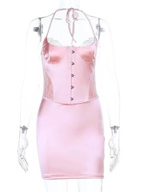 Buckled satin lace dress束腰排扣缎面蕾丝连衣裙 露背包臀裙女