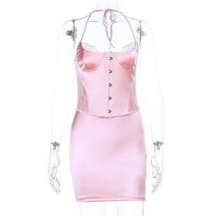 dress束腰排扣緞面蕾絲連衣裙 lace 露背包臀裙女 satin Buckled