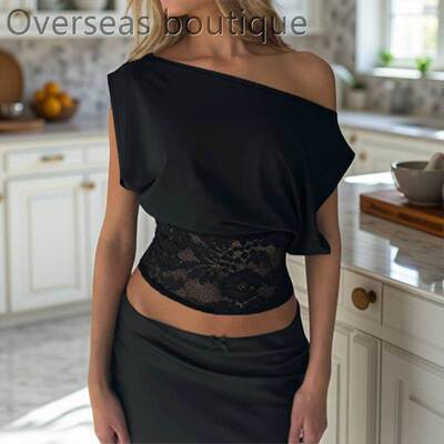 斜肩辣妹上衣镂空蕾丝拼接露腰恤