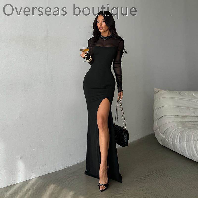 网纱高开叉连衣裙女露背包臀裙