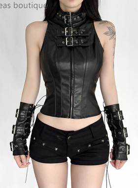 Slim fit short sleeveless top高领金属扣皮革背心束腰无袖上衣