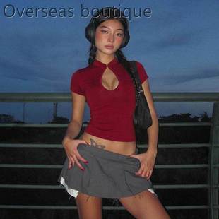 Chest hollow out buckle short top胸前镂空盘扣修身短款上衣女