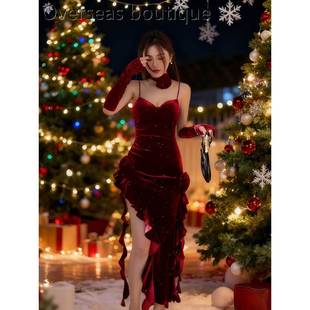 Christmas Velvet Dress圣诞跨战袍红色丝绒裙子穿搭不规则礼服裙