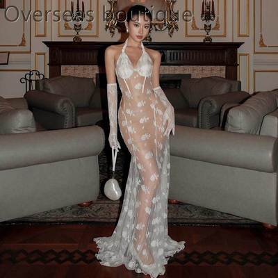 挂脖不规则网纱连衣裙蕾丝袖套