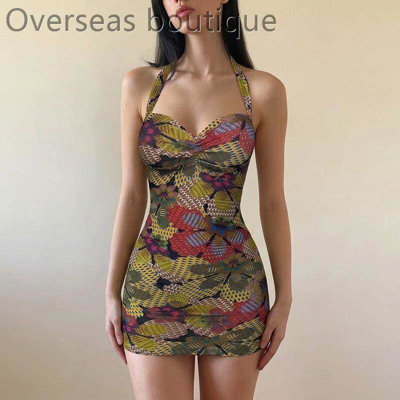 Printed hip bag dress欧美性感辣妹修身低胸挂脖印花包臀连衣裙