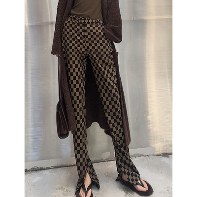 摩卡咖啡棋盘格显腿长开衩西裤