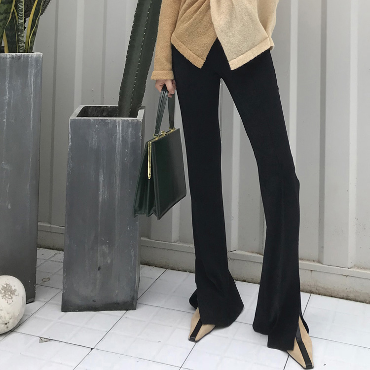 lambo显腿长弹力暗纹高腰开叉裤