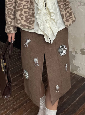 【LAMBO 特】70%羊毛呢 重工手工立体珠花 复古开衩半身裙