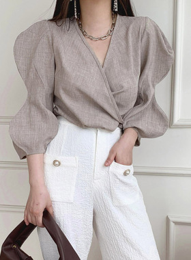【LAMBO】亚麻天丝混纺 3D立体波浪灯笼袖绑带开衫式和服衬衫