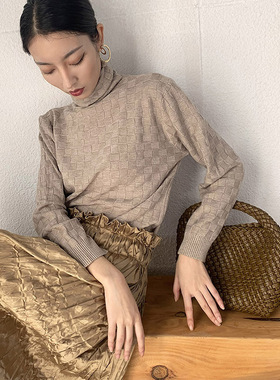 【LAMBO】兔绒巴素兰丝光羊毛混纺 编织方格纹高领打底毛衣