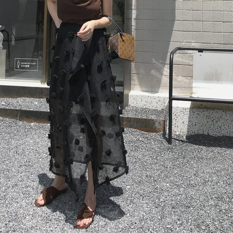 【LAMBO独家】立体毛线球花朵 亚麻混纺 半透开叉半身长裙
