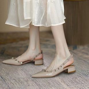 尖头单鞋 法式 漆皮包头气质裸色高跟女鞋 铆钉凉鞋 女2024年春平底鞋