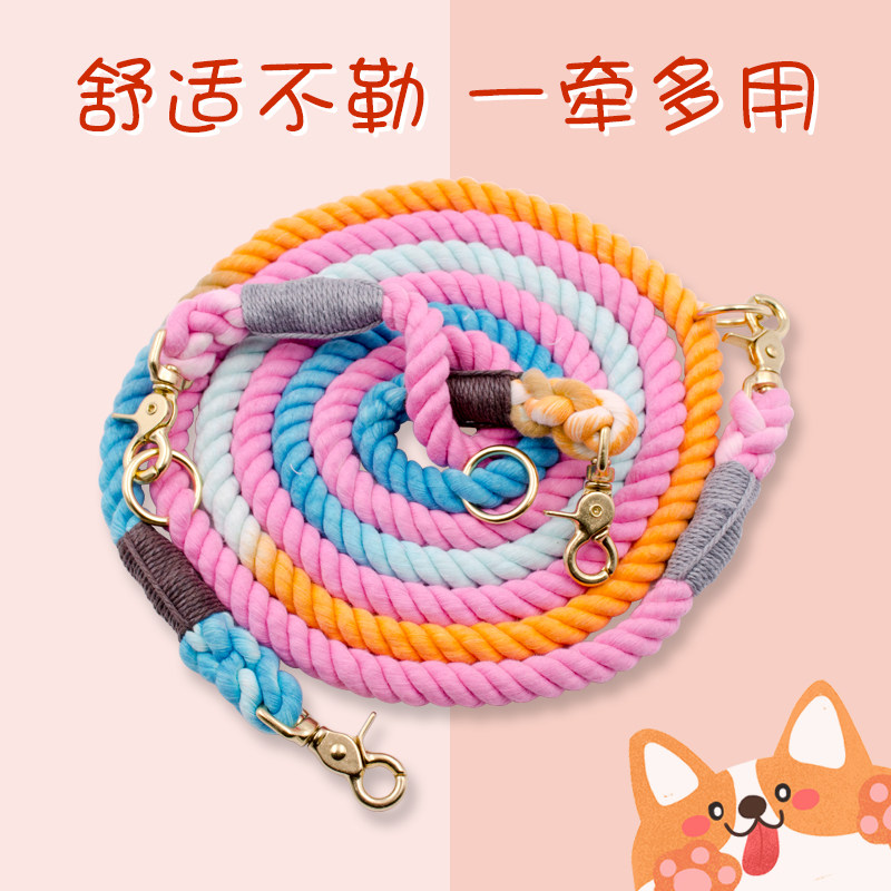 彩色渐变宠物牵引绳P链双头狗链中小型犬柯基两只狗一拖二溜狗绳