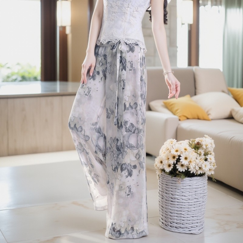 ZHE.HJ 2023夏季女装复古印花宽松雪纺阔腿裤休闲长裤女裙裤子 墨