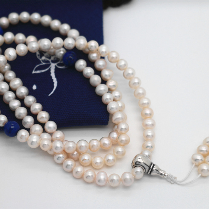 天然珍珠108颗佛珠念珠手链配青金石配珠直径6.3mm女生四圈手围