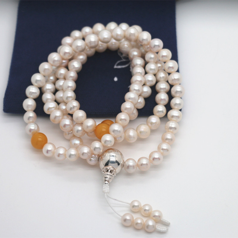 天然淡水珍珠直径8mm108颗念珠配蜜蜡项链多圈手链银三通现货