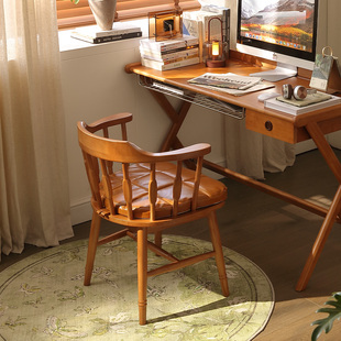 实木旋转休闲椅餐桌椅咖啡厅复古软包扶手靠背椅梳化妆凳洽谈椅子