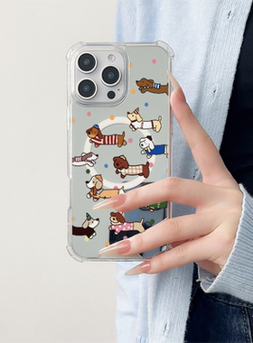 ins波点多只腊肠狗适用于苹果磁吸镜面手机壳三星GalaxyS23Plus保护小米15华为P60Pro新款Pura70Pro全包P60创