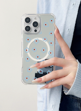 ins风满屏蓝小花适用于苹果磁吸镜面手机壳三星GalaxyS23Plus保护小米15华为P60Pro新款Pura70Pro全包P60创意