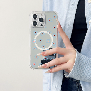 ins风满屏蓝小花适用于苹果磁吸镜面手机壳三星GalaxyS23Plus保护小米15华为P60Pro新款 Pura70Pro全包P60创意