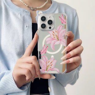 中式 Pura70Pro全包P60创 国风粉百合花适用于苹果磁吸镜面手机壳三星GalaxyS23Plus保护小米15华为P60Pro新款