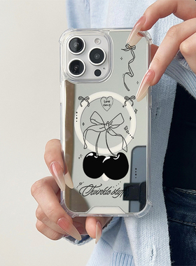 ins蝴蝶结车厘子适用于苹果磁吸镜面手机壳三星GalaxyS23Plus保护小米15华为P60Pro新款Pura70Pro全包P60创意