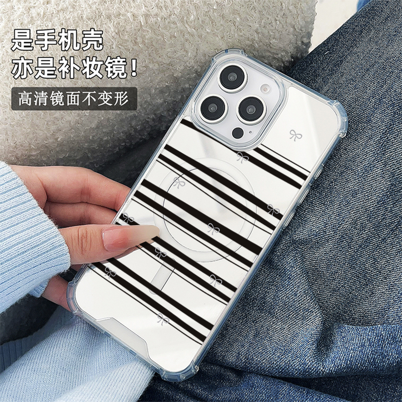 ins风黑条纹蝴蝶结适用于苹果磁吸镜面手机壳三星GalaxyS23Plus保护小米15华为P60Pro新款Pura70Pro全包P60创