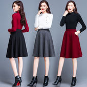 秋冬松紧腰毛呢半身裙女中长款 蓬蓬伞裙短裙子 a字裙大码