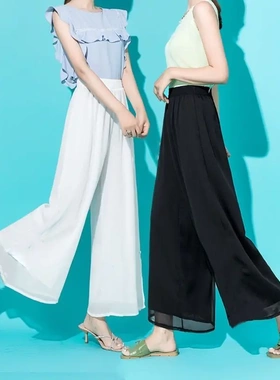 白色雪纺阔腿裤女2025新款夏高腰垂感飘逸薄款冰丝有口袋双层裙裤