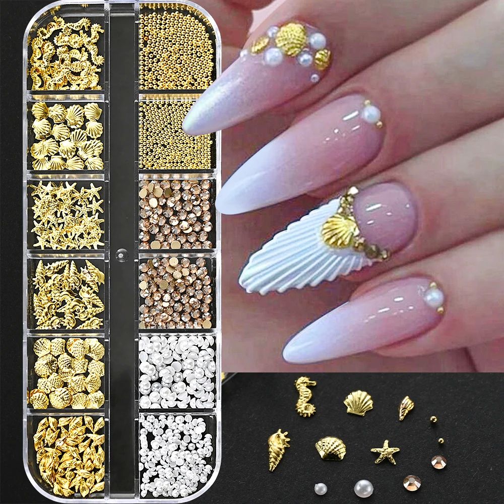 12Grids Ocean Gold Nail Art Charms Shell/Seahorse/Starfish W