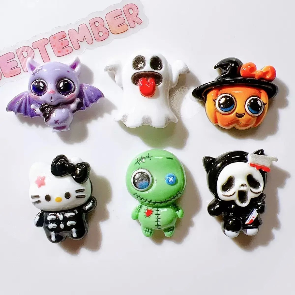 10Pcs Resin Cartoon Halloween Skull Bow Cat Green Monster, B