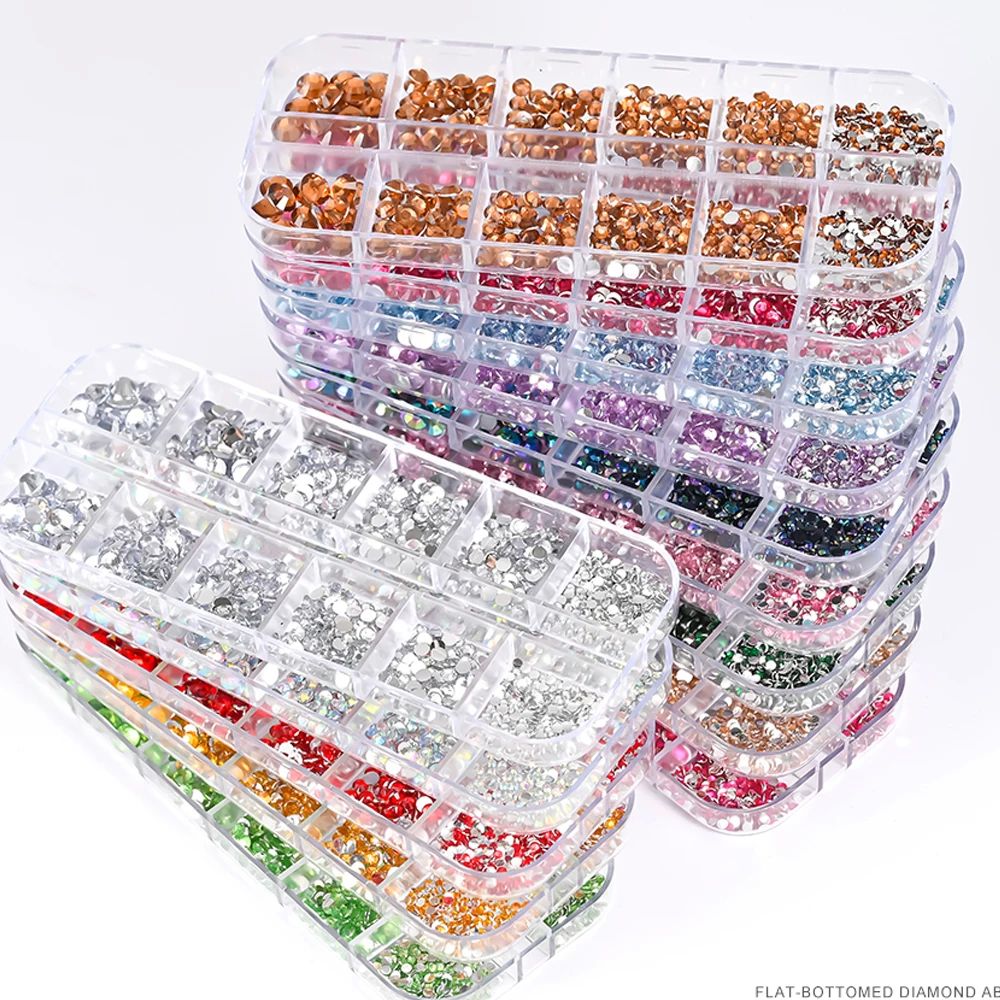 12Grids SS6-SS30 Mixed Nail Rhinestones Shiny Clear/Gold/Pin