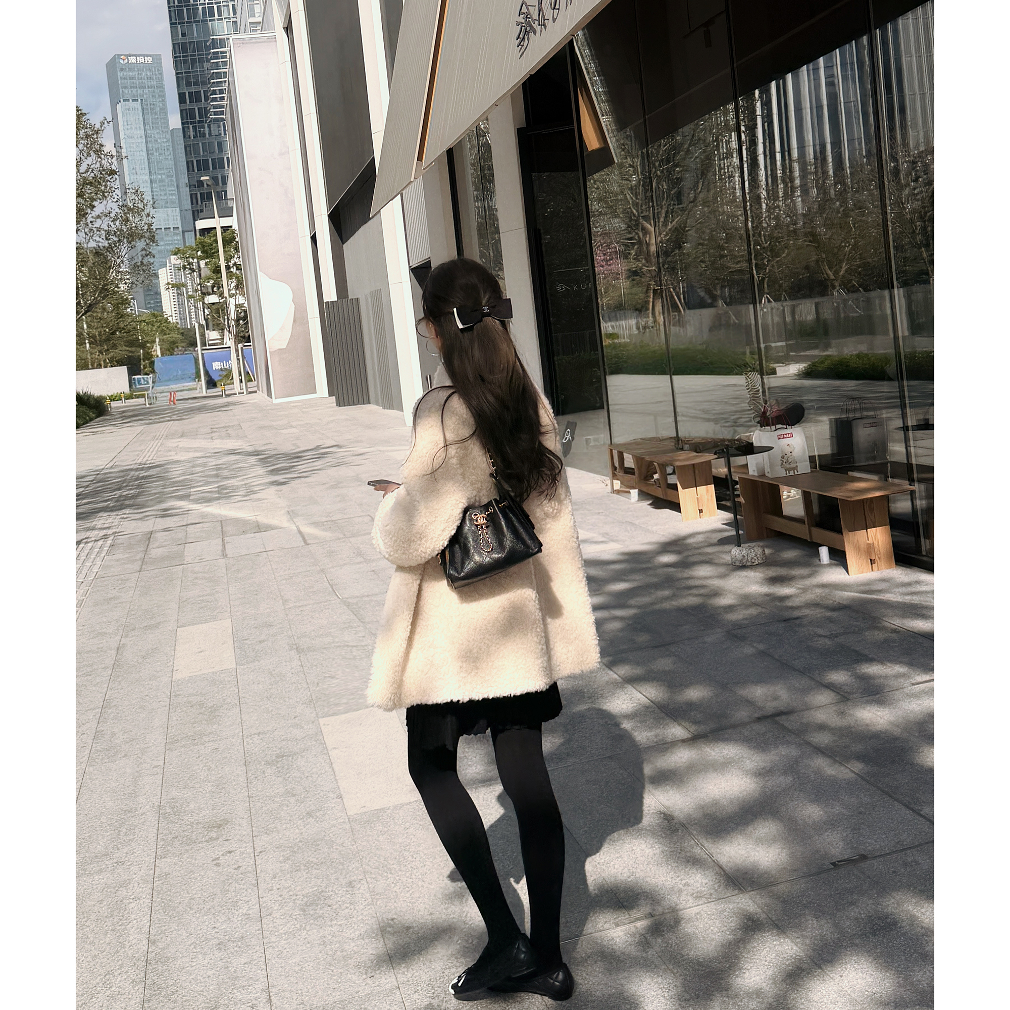 RUBBIIT质感一绝 温暖轻盈全羊毛皮毛一体中长款外套女 立领大衣