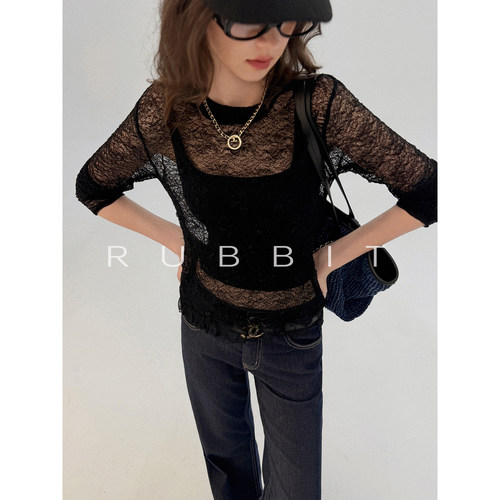 RUBBIT CHIC‘瘦瘦上衣’精致半透朦胧镂空蕾丝衫高智纯欲长袖T恤