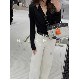 气质叠穿假两件挂脖V领设计长袖 简奢智性美 一眼爱 RUBBIIT原创