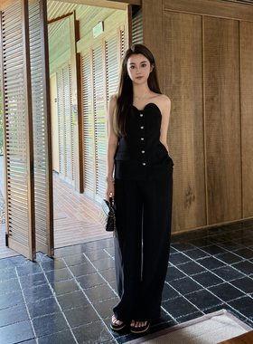 RUBBIT夏日新品 气场全开 时髦轻奢抹胸上衣+高腰亚麻西装长裤