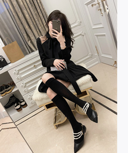 网纱拼接真丝醋酸连衣裙 精致飘逸蝴蝶结中长裙子 RUBBIT秋季 新品