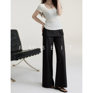 休闲宽松直筒长裤 RUBBIT 假两件遮胯阔腿裤 ins时髦叠穿感 CHIC