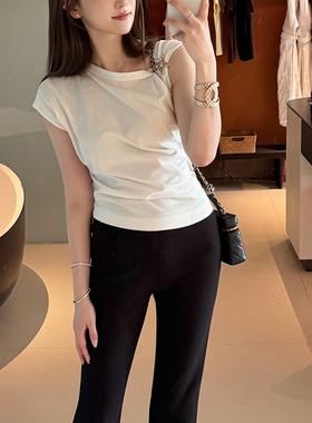 RUBBIT夏日新品 简洁随性斜领露肩上衣 修身显瘦气质短袖纯棉T恤